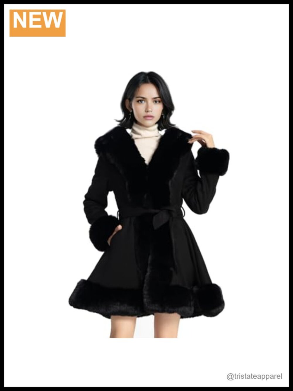 Faux Fur Leather Women's Winter Peplum Parka Coat with Belt Long Sleeve Slim Fit